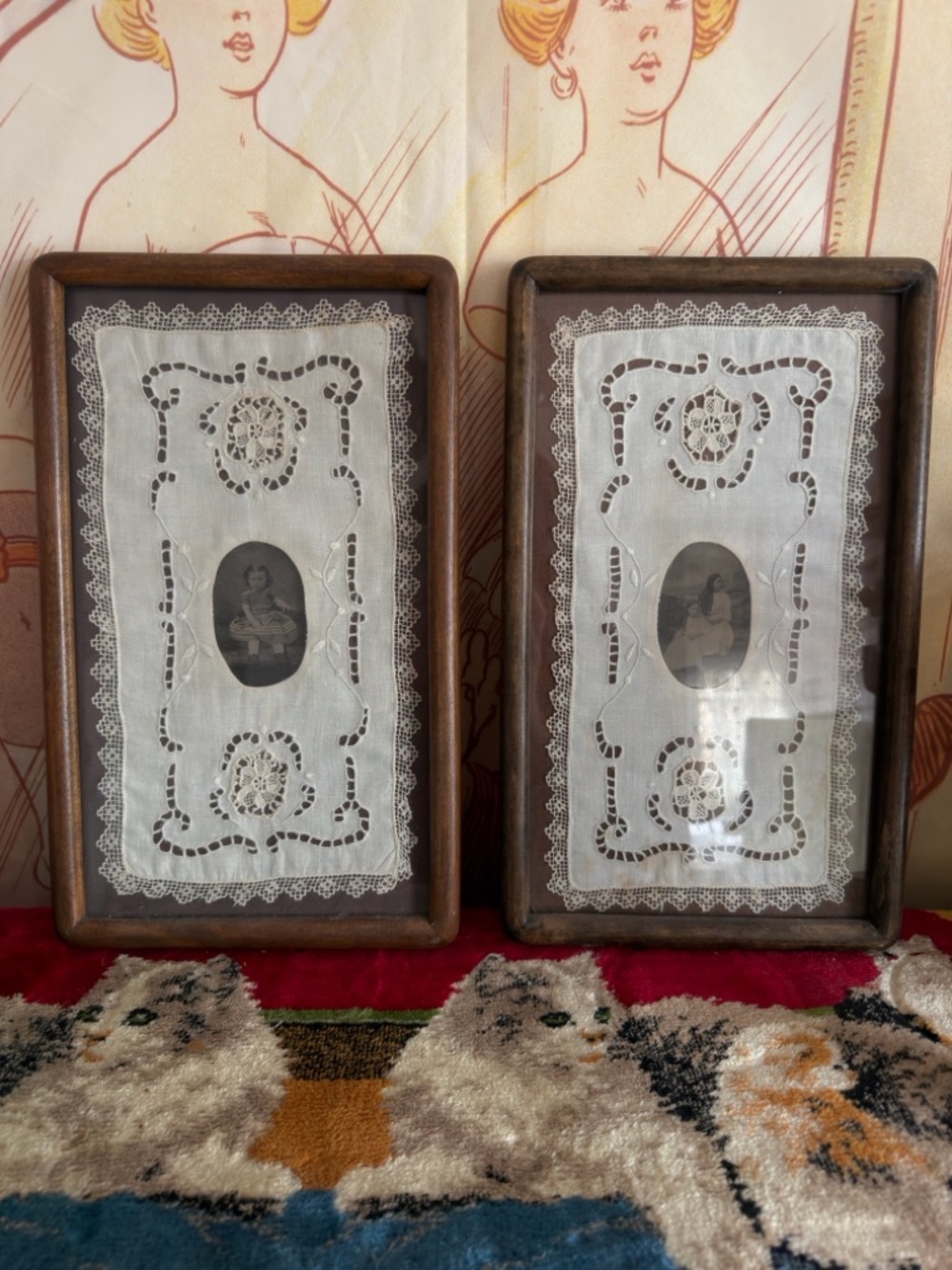 Antique daguerreotypes & handmade linens in rounded edge wooden & glass frames